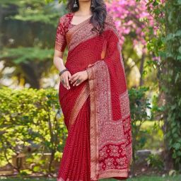 Satrani Red Printed Saree With Unstitched Blouse-image-39