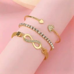 Aatmana Set Of 3 Gold Plated CZ Studded Infinity & Heart Shaped Stacking Bracelet-12