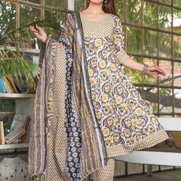 SINGNI Floral Printed Pure Cotton A-Line Kurta with Trouser & Dupatta-picture-7