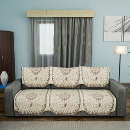 RUBOXA Brown & Cream-Coloured 6 Pieces Self Design Velvet 3 Seater Sofa Covers-image-83