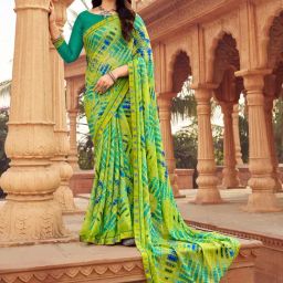 Satrani Green Chiffon Printed Saree With Unstitched Blouse-image-44