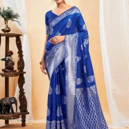 Satrani Blue Silk Blend Woven Saree With Unstitched Blouse-image-77