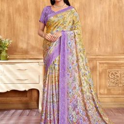 Satrani Lavender Silk Crepe Floral Saree With Unstitched Blouse-picture-40