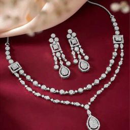 Peora Silver Plated Contemporary CZ Two Layer Dangler Necklace & Earring-15