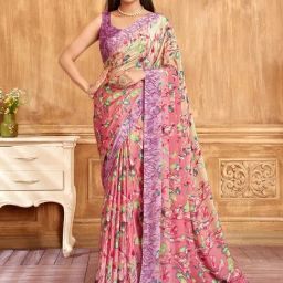 Satrani Pink Silk Crepe Floral Saree With Unstitched Blouse-image-97