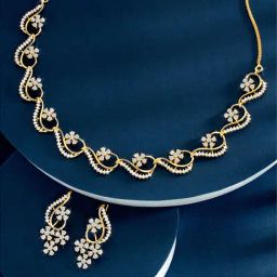 Peora Gold Plated Contemporary CZ Floral Style Stud Necklace & Earring-51