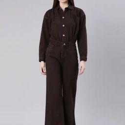 SHOWOFF Brown Denim Maxi Jumpsuit-image-1