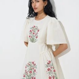 Bombay Paisley by Westside White Floral Printed Cotton A-Line Dress-image-6