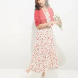 Bombay Paisley by Westside White Cotton-Blend Tiered Dress with Jacket-image-3