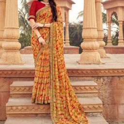 Satrani Multi Chiffon Geometric Saree With Unstitched Blouse-image-27