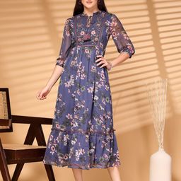 COSMIC TRIO Floral Print Tie-Up Neck Chiffon Fit & Flare Midi Dress-image-49