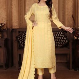 DIVASTRI Women Ethnic Motifs Embroidered Regular Sequinned Chanderi Cotton Kurta with Trousers & With Dupatta-image-51