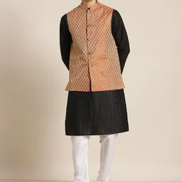 SOJANYA Men Black Ethnic Motifs Chikankari Pure Cotton Kurta with Churidar & Nehru Jacket-picture-57