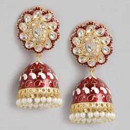 Anouk Gold Plated Dome Shaped Artificial Stones & Beads Studded Meenakari Jhumkas-6