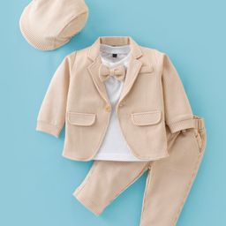 Robo Fry Cotton Knit Full Sleeves Striped Party Suit with Cap - Beige-image-25
