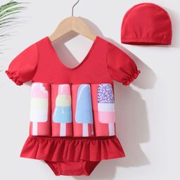 Kookie Kids Half Sleeves Ice Cream Printed V Cut Swimsuit with Attached Float & Cap - Red-picture-14