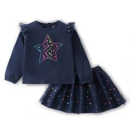 Babyhug Full Sleeves Top & Skirt with Text Placement Print - Navy Blue-image-41