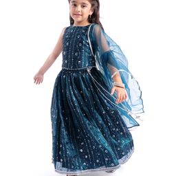 Babyhug Sleeveless Floral Sequins & Embroidery Lehenga Choli with Dupatta Set -   Teal Blue-image-51