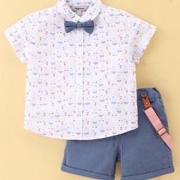 ToffyHouse Cotton Woven Party Wear Half Sleeves Printed Shirt & Shorts Set With Bow & Suspender -Airforce Blue-picture-15