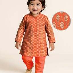 Earthy Touch Single Jersey Knit Full Sleeves Foil Printed Kurta Pyjama Set - Orange-image-96