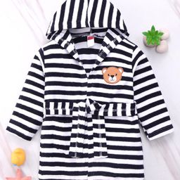 Babyhug Cotton Knit Full Sleeves Striped Hooded Bath Robe With Teddy Patch - Black & White-image-87