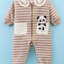 Kookie Kids Full Sleeves Collar Neck Romper With Stripes & Panda Embroidery - Light Brown-10
