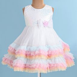 Babyhug Woven Sleeveless Fit and Flare Sequinned Mesh Party Frock with Frill Details At Hem -Multicolor-image-55