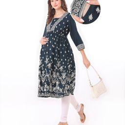 Bella Mama Woven Three Fourth Sleeves Foil Printed Maternity Kurta with Pocket - Dark Green-image-73