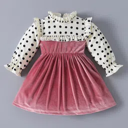 Kookie Kids Full Sleeves Frock with Polka Dots Print & Frill Detailing- Pink-picture-23