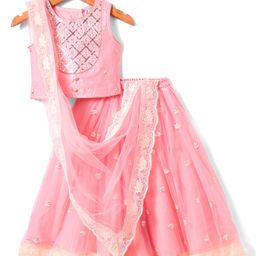 Babyhug Woven Sleeveless Lehenga Choli Set & Dupatta With Sequin & Floral Embroidery - Pink-image-57