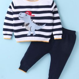 Simply Knitted Full Sleeves Pullover Sweater Set With Dino Design - Off White-14