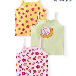 Babyoye Cotton Spandex Knit Singlet Sleeves Floral & Snail Printed Slips Pack of 3 - Yellow Green & Pink-image-51