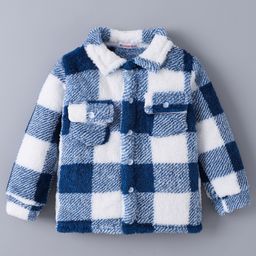 Kookie Kids Full Sleeves Collar Neck Checked Winter Fur Jacket with Pocket Detailing - Navy Blue & White-image-45