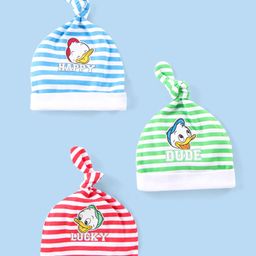 Babyhug Disney Interlock Knit Striped Caps with Knit Detailing & Donald Duck Graphics Pack of 3 - White Blue & Red-picture-20