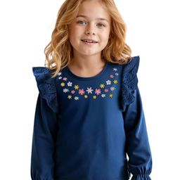 Babyhug Cotton Knit Full Peasant Sleeves Floral Embroidered Top with Frill Detailing - Navy Blue-image-60