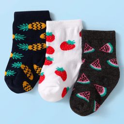 Cute Walk By Babyhug Cotton Knit Anti-Bacterial Ankle Length Socks Tropical Fruit Design Pack of 3 - White & Black-image-50