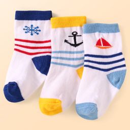 Cute Walk By Babyhug Anti-Bacterial Ankle Length Socks With Beach Design Pack Of 3 - White Blue & Yellow-image-70