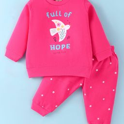Zero Fleece Knit Full Sleeves T-Shirt & Lounge Pants Set With Animal & Text Print - Dark Pink-image-42