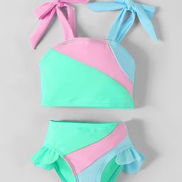 Mark & Mia Singlet Sleeves Two Piece Swimsuit with Cut & Sew Design - Pink & Light Blue-image-2