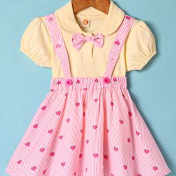 Dew Drops Cotton Woven Hearts Printed Skirt & Half Puffed Sleeves Peter Pan Collared Top Set with Bow Applique - Pink-image-74