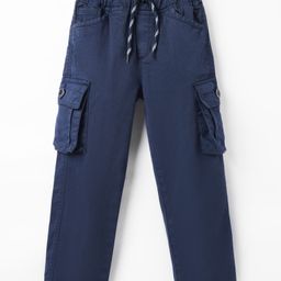 Olio Kids Cotton Woven Full Length Solid Trouser With Cargo Pockets - Navy Blue-picture-26