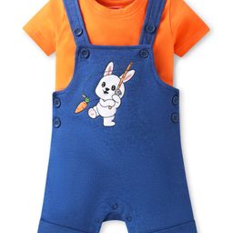 Babyhug Single Jersey Knit Bunny Embroidered Dungaree & Half Sleeves Solid T-Shirt Set - Orange & Blue-image-63