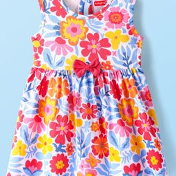 Babyhug Cotton Knit Sleeveless Frock with Floral Print & Bow Applique - Multicolor-image-73