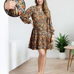 MomToBe Rayon Full Puffed Sleeves Floral Printed Maternity Dress With Nursing Access - Multi Colour-image-54