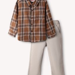 Babyhug Cotton Woven Full Sleeves Checkered Shirt & Trouser Set - Brown & Beige-image-70