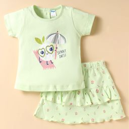 Tango Interlock Knit Half Sleeves Top & Skirt with Floral Print & Frill Detailing - Light Green-image-9