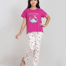 Taatoom Cotton Jersey Knit Half Sleeves Dinosaurs Printed Coordinating Tee & Pajama Set - Pink-image-25