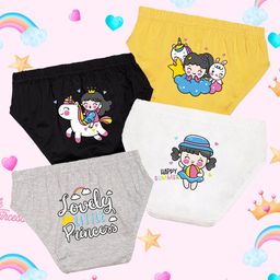 NUSYL Cotton Pack Of 4 Cute Girl & Unicorn Printed Panties - Yellow Black White & Grey-image-92