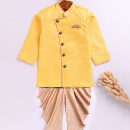 JBN Creation Cotton Blend Full Sleeves Textured Button Detailed Kurta With Dhoti Set - Yellow-image-57