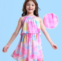 Hola Bonita Woven Sleeveless Incut Halter Neck Tie & Dye Dress - Pink & White-image-84